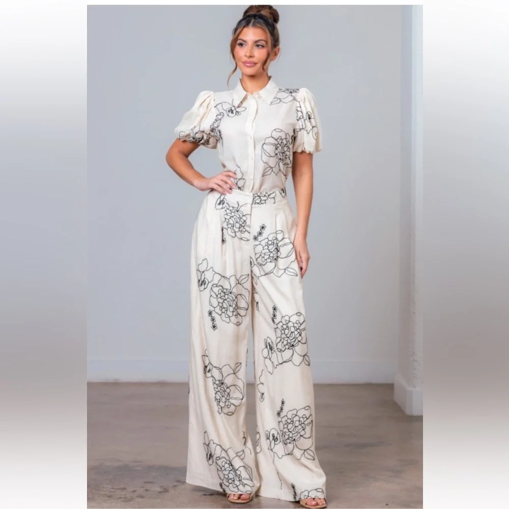 255. Embroidered Cream Floral Bubble sleeve Wide-Leg pants set - Picture 6 of 7